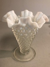 Fenton French Opalescent Hobnail Trumpet Vase with ruffled top 5 3/4"