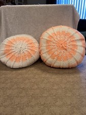 2 Vtg Retro Handmade Crochet Round Bed Couch Boho Hippie Pillow 15 Peach