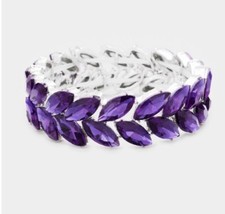 Purple Bracelet Silver Cuff Crystal Rhinestone Wedding Pageant Stretch Formal