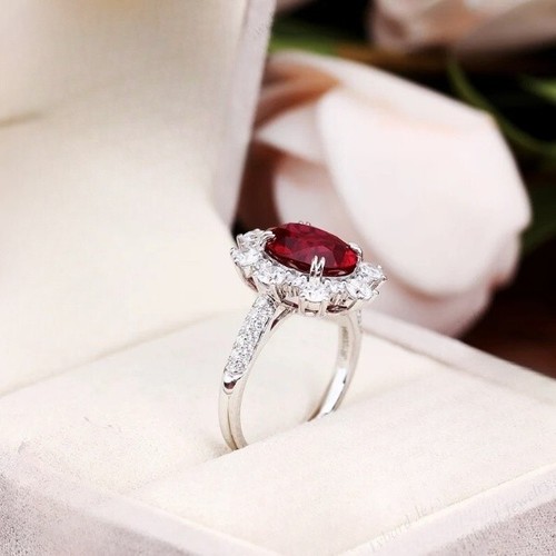 Oval Cut 4.00 Ct Natural Ruby & Diamond Engagement Ring 14K White Gold 7 8 - Picture 8 of 12