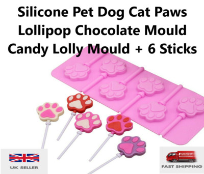 Silikon Hund Katze Pfoten Lutscher Schokoladenform Süßigkeiten Lolly Form + 6 Sticks