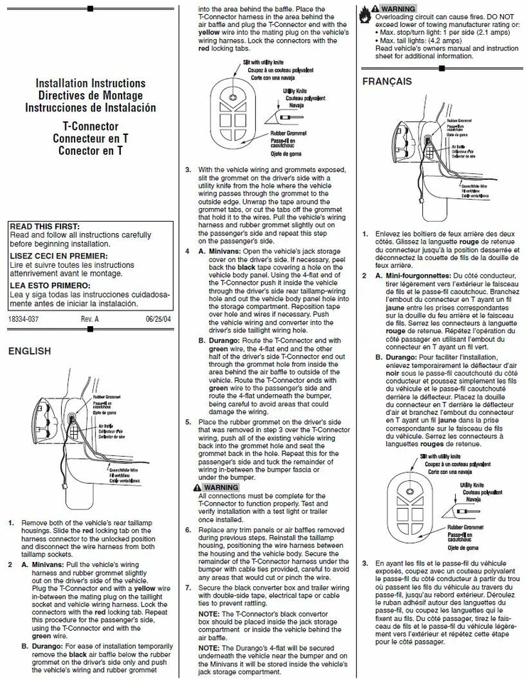 Kit de arnés de cableado de remolque para 96-00 Chrysler Town & Country 98-03 Dodge Durango Foto 2 de 2