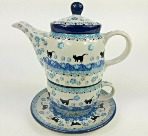Teekanne-Tasse-Set 0,5L Bunzlauer Keramik Polish Pottery, KATZENMOTIV DACKEL - Bild 1 von 16
