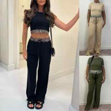 Womens Tracksuit Ladies Leopard Contrast Top Palazzo Trousers Lounge Wear Set