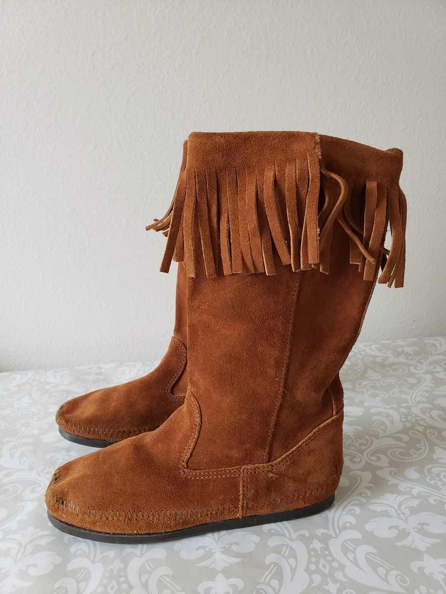 Leather fringe moccasin boots sale