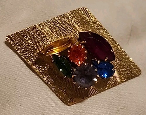 Vintage 1960s Mod Artsy Multi-Colored Prong Set Rhinestone Gold Tone Brooch 2" - Picture 3 of 8