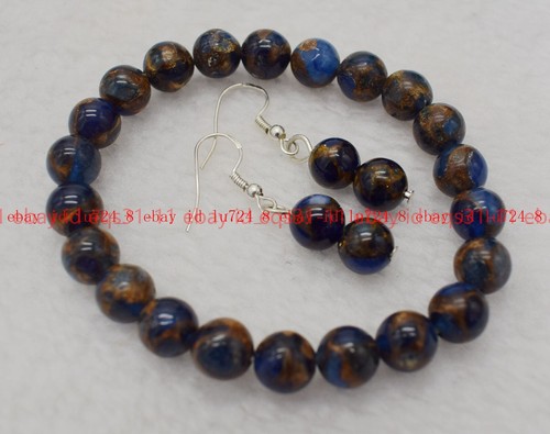 6/8/10mm Blue Gems in Quartz with Pyrite Round Gems Beads Bracelet Earrings Set - Picture 5 of 12