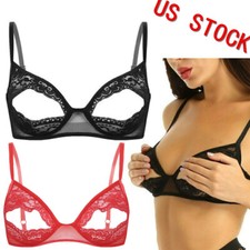 Women's Sheer Lace Bras Open Cups Nipple Split Unlined No Padded Push up Bra