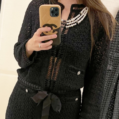 CHANEL 20P BLACK CROCHET KNIT CAMELLIA CC BUTTONS MIDI SKIRT 44 | eBay