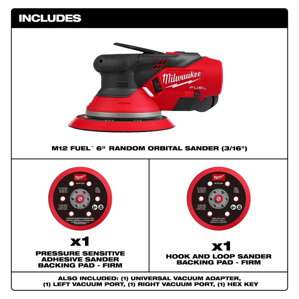 Lijadora de carrocería automática Milwaukee 2585-20 M12 FUEL 6" órbita aleatoria 3/16 velocidad variable Foto 4 de 4