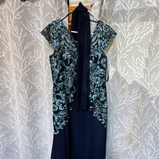 Cameron Blake Plus 18 Blue Floral Lace Embroidered Long Gown V-Neck Cap