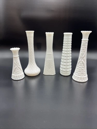 Vtg Milk Glass Bud Vase Lot Of 5 Cottage Shabby Wedding Shower Mix Match Read