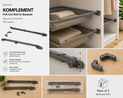 Pack of 2 IKEA KOMPLEMENT Pull Out Rail for Baskets Grey 58cm 22 4/5'' PAX System