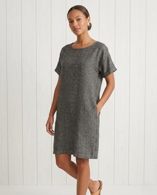 NWT Eileen Fisher Jewel Neck Shift in Black White Organic Linen Tweed Dress PM