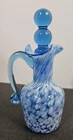 Vtg.Rainbow Art Glass Cruet - Hand Blown Blue with Spatter Milk Spots 6" T