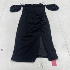SHEIN Belle Dress Womens Large Black Off Shoulder Puff Sleeve Ruched Midi