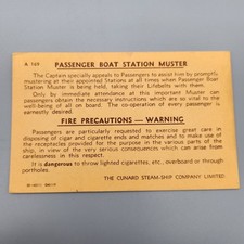 Cunard Line Cruise Ship Passenger Boat Station Muster Fire Precaution Card c1957