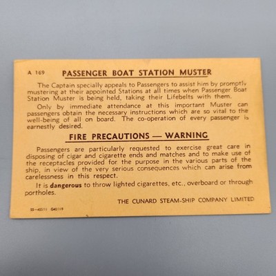 Cunard Line Cruise Ship Passenger Boat Station Muster Fire Precaution Card c1957