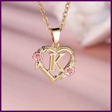Female A-Z Letter Flower Pendant Necklace Yellow Gold Color Wedding Jewelry Gift