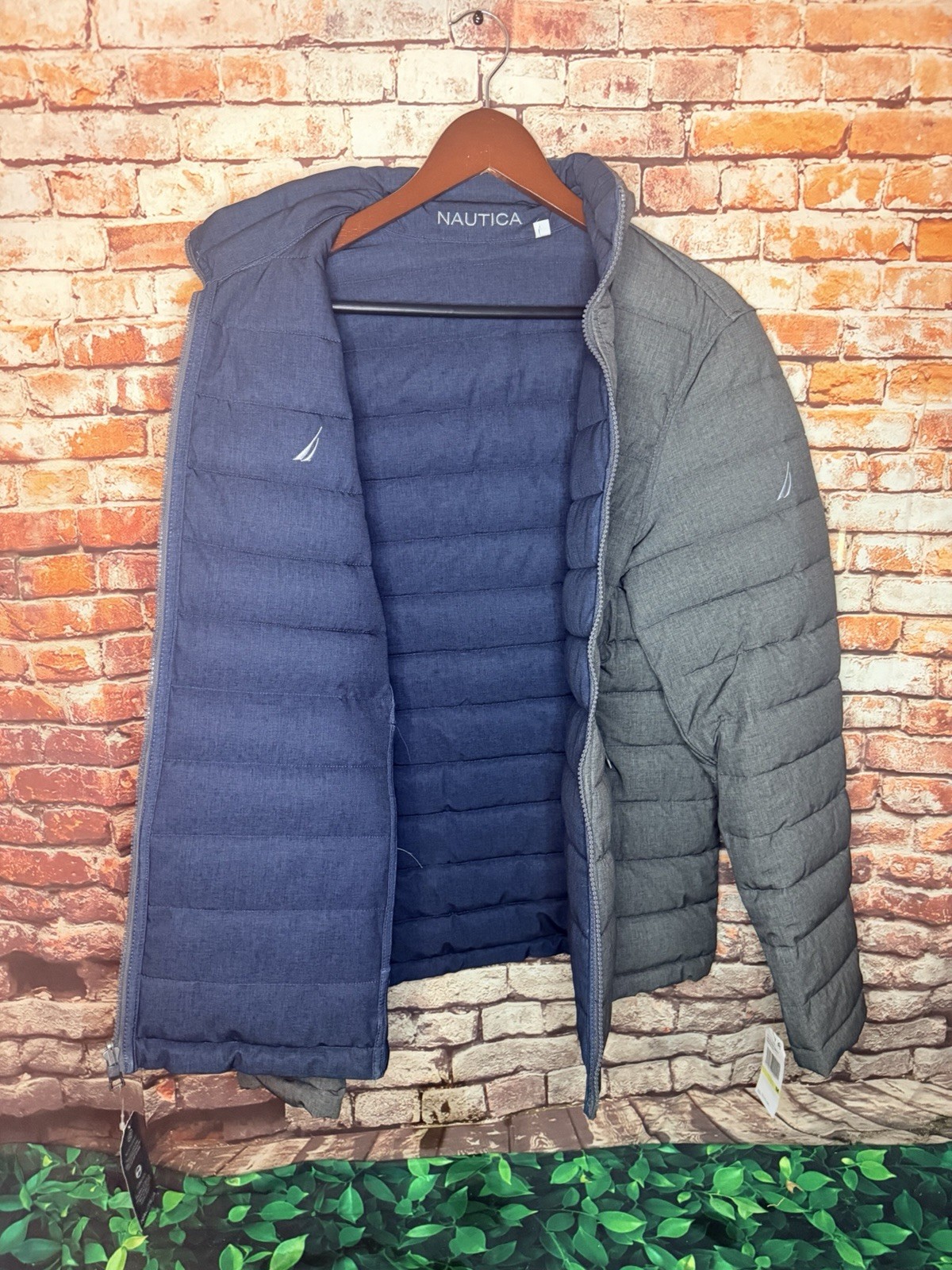 Nautica Stretch Reversible Puffer Jacket Heather Gray/Blue Mens Size Medium image 3