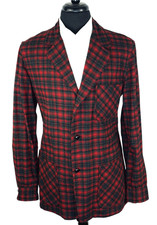 Pendleton Vintage 70's Red Green Plaid Mackinaw Wool Leather Buttons Jacket M
