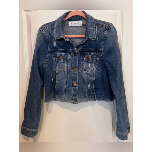 JUST BLACK DENIM KATWALK Cropped Distressed Denim Jacket Raw Hem M