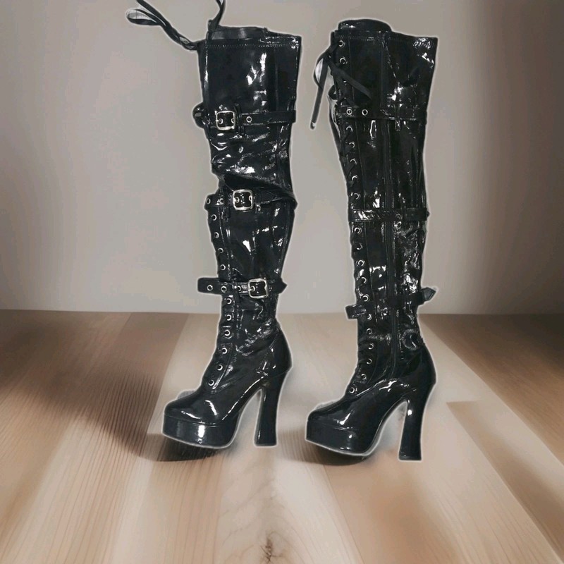 Black Patent Leather Thigh-High Platform Boots Lace-Up Buckle Zipper Round Toe