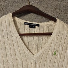 Ralph Lauren Sport Womens White Cable Knit Cotton V-Neck Sweater Green Pony Med