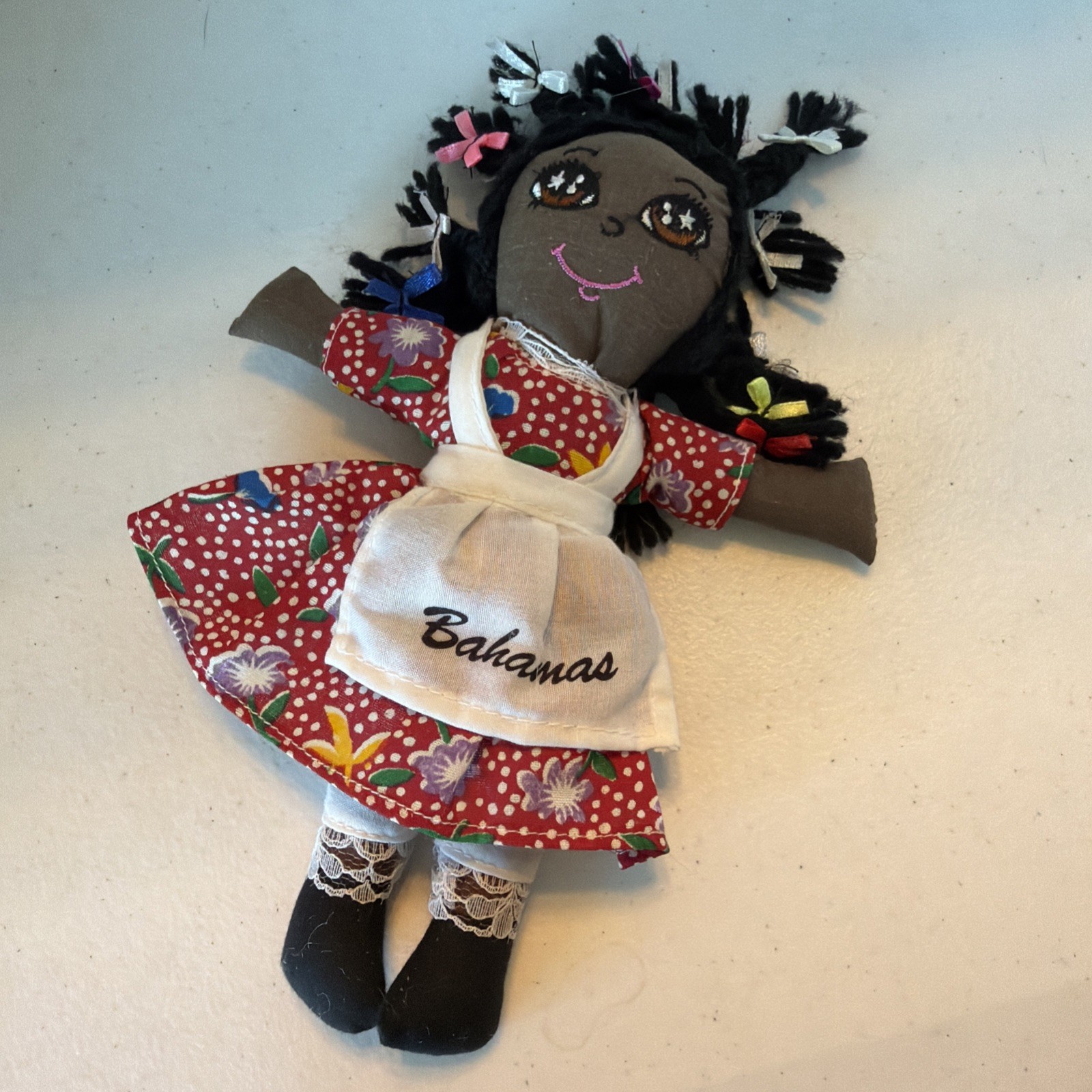 Bahamas Souvenir Tourist  Handmade Cloth 9”Black Rag Doll Yarn Hair