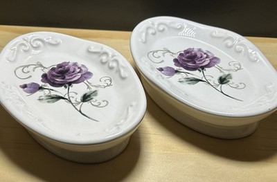 Bordeaux Soap Dish Purple Rose 6''x4''x1.5'' Ceramic Gothic Set Of 2