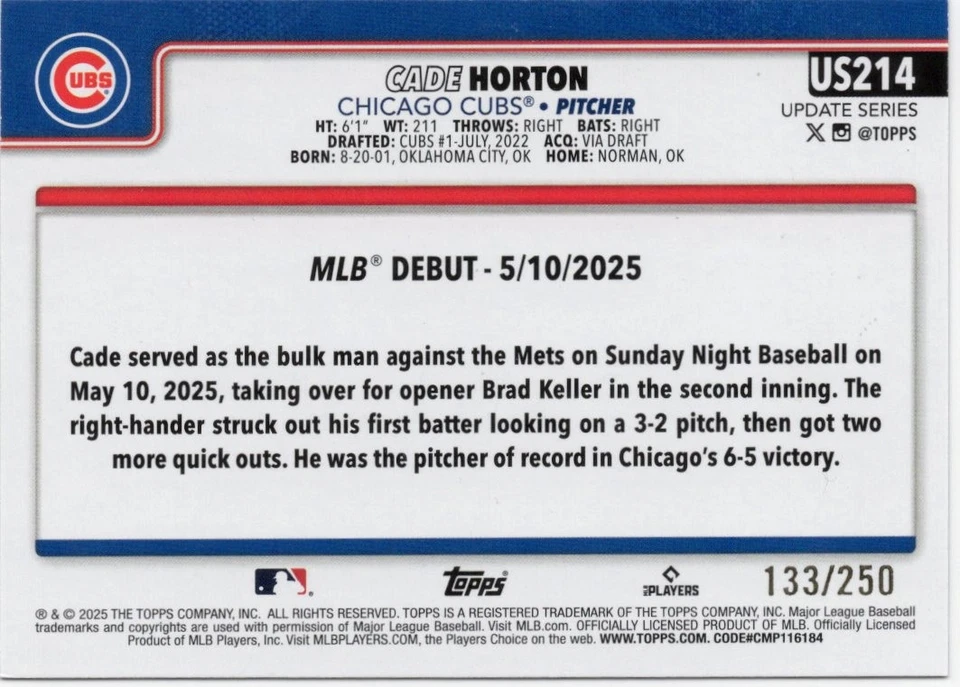 Cade Horton RC Rookuie Debut #US214 Purple Rainbow Foil /250 2025 Topps Update - Image 2 of 2