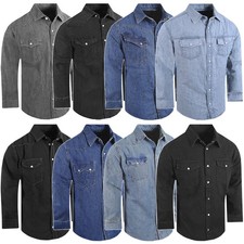 Washed Denim Cotton Shirt Mens Casual Workwear Stretch Snap Pockets BIG FITTING