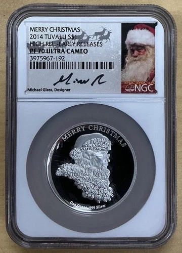 2014 Tuvalu $1 Silver High Relief Merry Christmas NGC PF 70