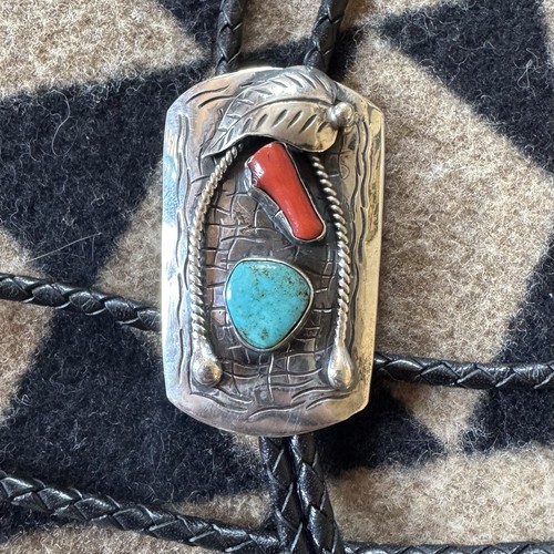 Bennett Bolo Tie Native American Silver Turquoise Coral Vintage Western