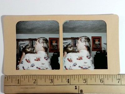 Q-Vu's Stereo Mount Stereoview Man Holding Cat Color Photo Card