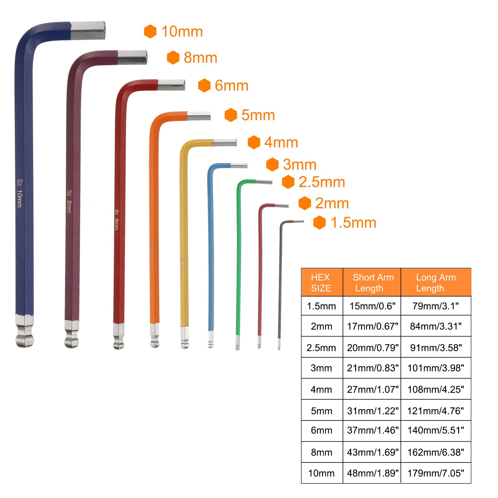 9pcs Ball End Hex Key Wrench Set 1.5-10mm Long Arm L-Shape Metric Wrenches