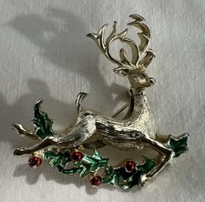 Vintage Gerry's Gold Tone Leaping Reindeer With Holly Christmas Brooch