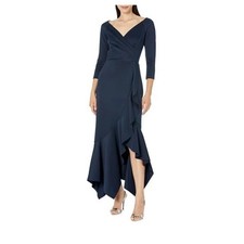 XSCAPE Midnight Blue Long Sleeve Ruffle Scuba Dress - 6 (New)
