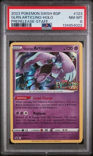 Pokemon Galarian Articuno Evolving Skies STAFF Prerelease Promo SWSH123 PSA 8