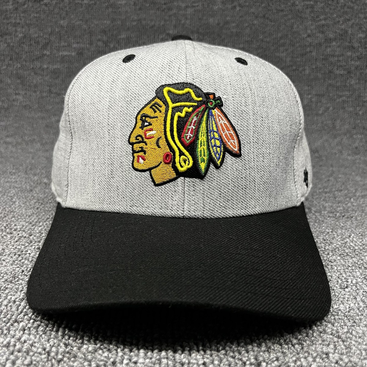 47 Brand NHL Chicago Blackhawks Captain Snapback Hat Grey Black Flat Brim Cap
