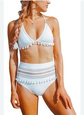 White High Waist Bikini Mesh Striped Two Piece Tassel Halter Swimsuit XL