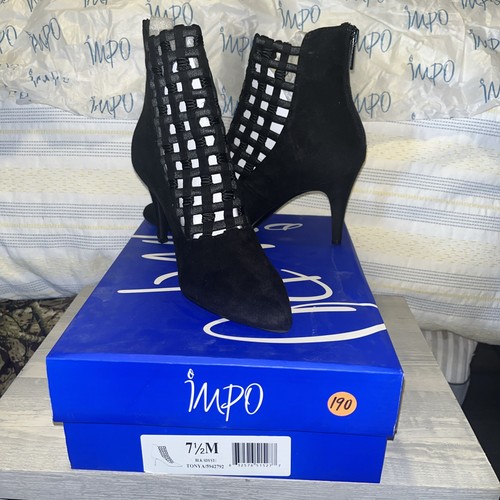 Impo Black Faux Suede Stretch Ankle Boots Lattice Cutwork Zipper Back 7 1/2M