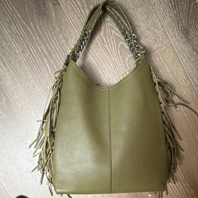 Roberto Cavalli Olive Green Leather Fringe Hobo Bag Zip Closure Silver Hardware