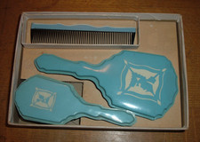 Vintage Baby Blue Children's Brush, Comb and Mirror Set with Original Box