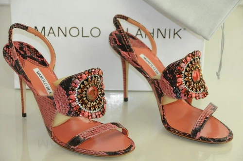 $1445 New MANOLO BLAHNIK RONDANYJeweled CORAL PINK Python SANDALS SHOES Heels 40