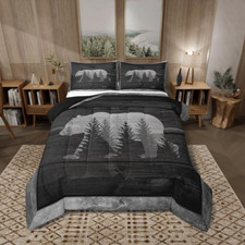 Lodge Cabin Comforter Set Gray Bear Pine Tree Silhouette Pattern Quilted Duvet w