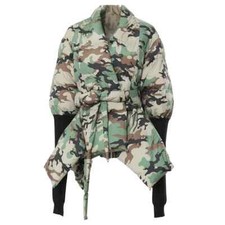 Ladies Green Black Camouflage Chic Street Edgy Belted Puffa Jacket Coat 12 14