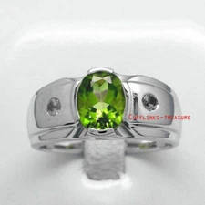Natural Peridot & CZ Gemstones With 925 Sterling Silver Ring For Men's #5664