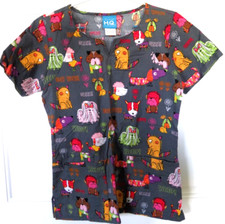 Scrub H Q Womens Top Size XS Puppy Dog V-Neck Medical Veterinary Pockets S/S