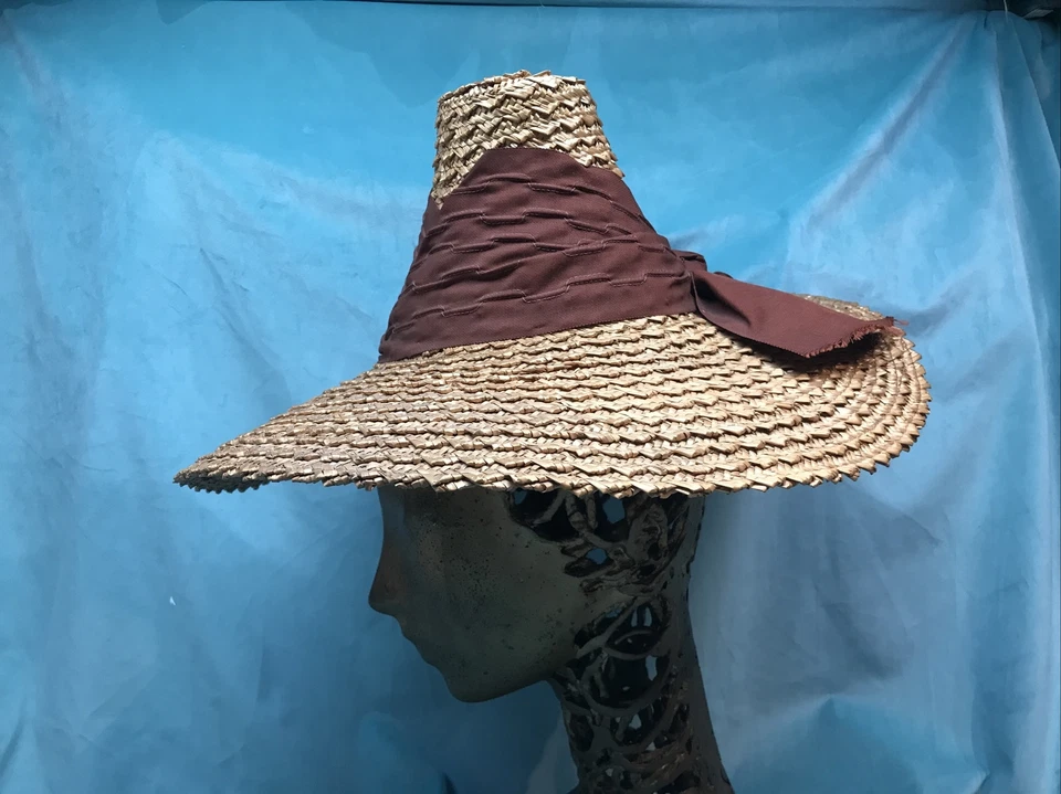 复古草帽 30 年代 40 年代倾斜宽边棕色高冠 — 第 3/4 张图片